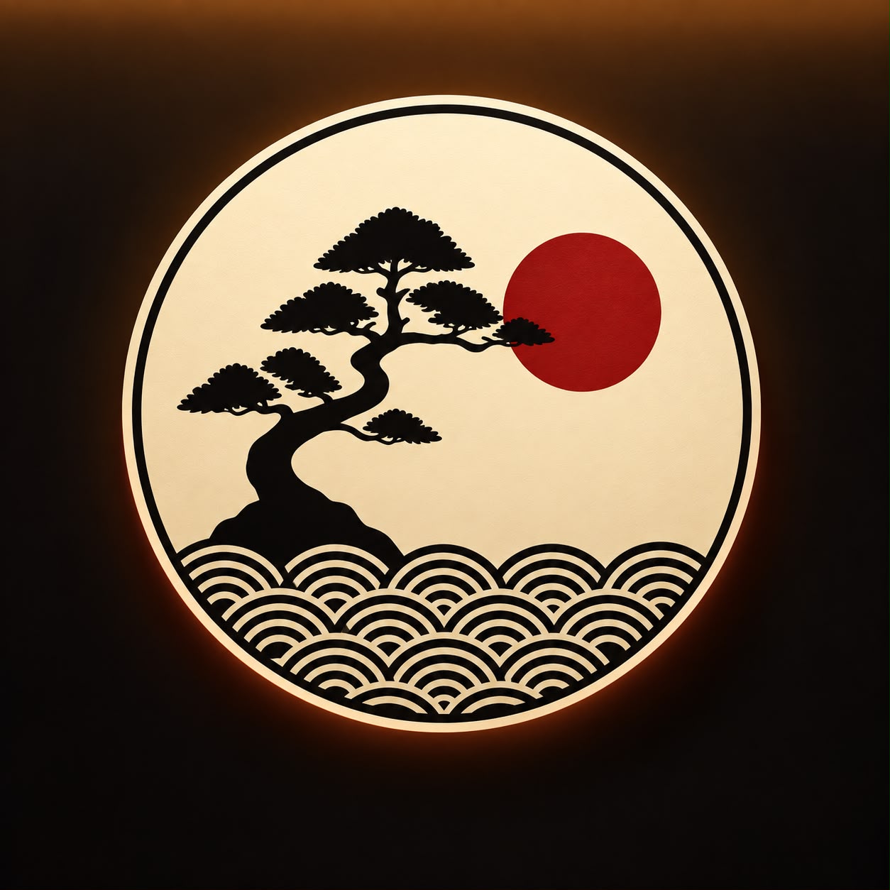 Emblema oficial da Matsu, com pinheiro, sol vermelho e ondas.